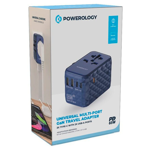 Powerology Universal Adapter 65W X3 PD port and X2 USB 15W port
