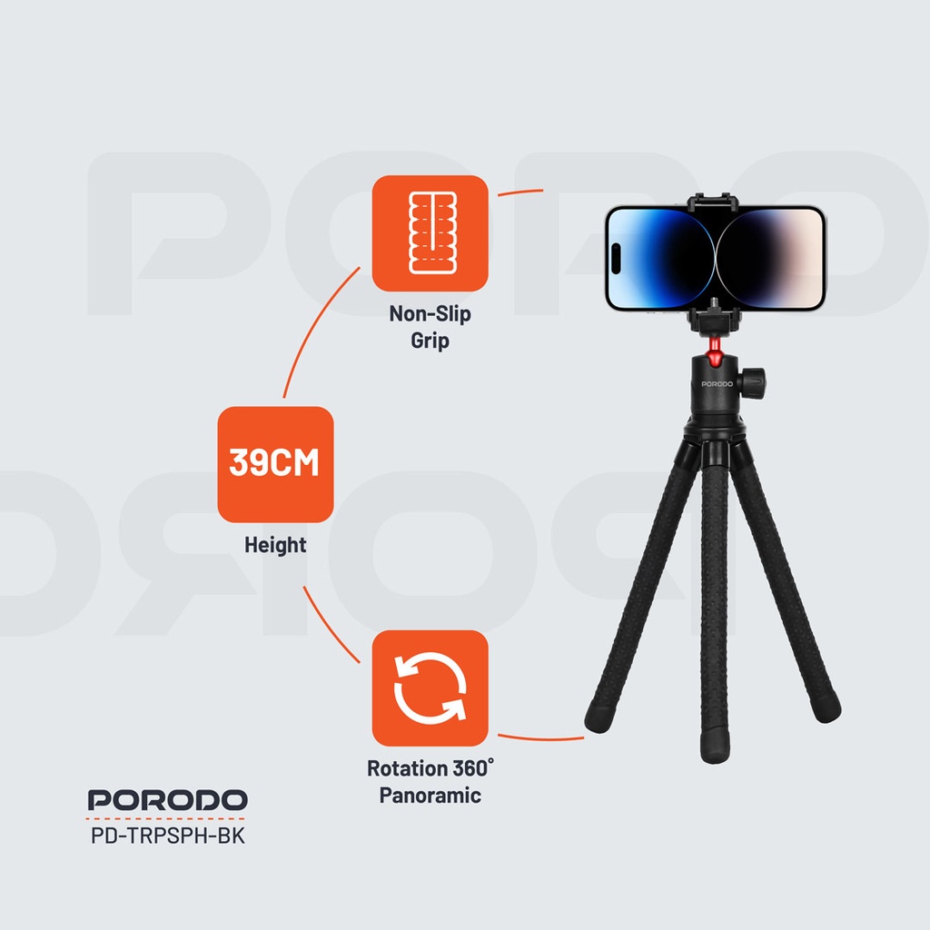 Porodo Flexible Foldable and Extendable Tripod with Phone Holder (PD-TRPSPH-BK)