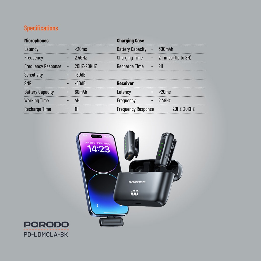 Porodo Lavalier Double Microphone with Charging Case (PD-LDMCLA-BK)