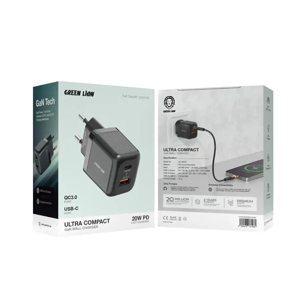Green Lion Ultra Compact GaN Wall Charger EU Pin A+C PD20W + QC3.0 - Black {GNAD20PQEUWBK}