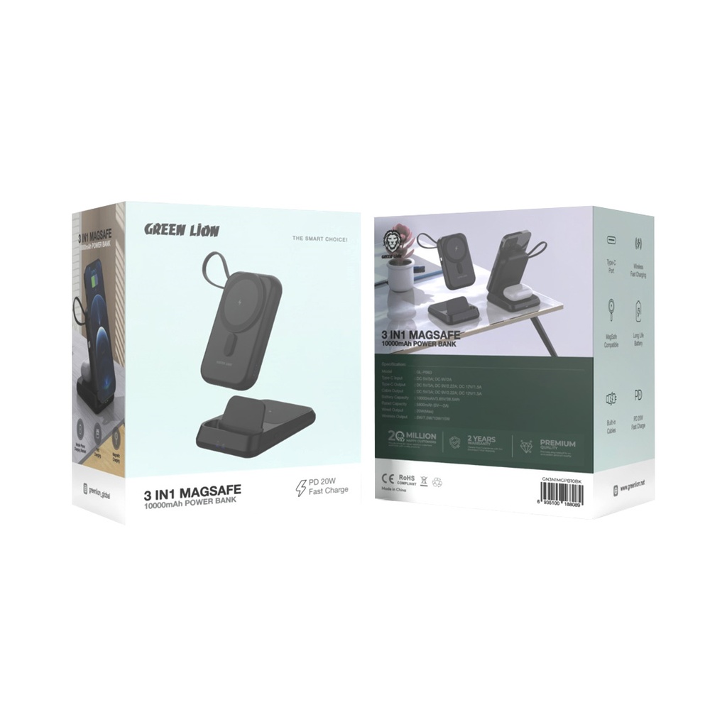 Green Lion 3 IN 1 Magsafe 10000mAh Power Bank - Black {GN3N1MGPB10BK}
