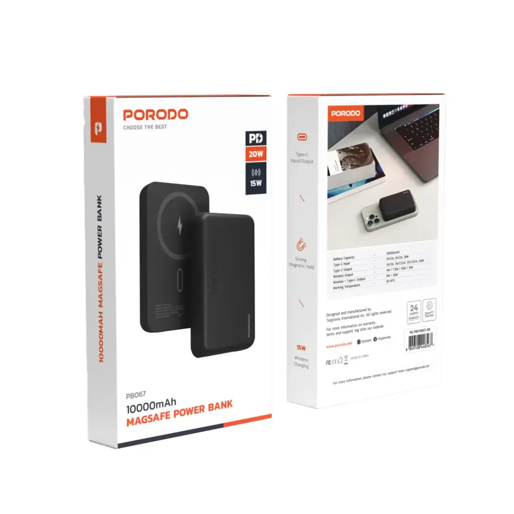 Porodo 15W Wireless + PD 20W MagSafe Power Bank 10000mAh - Black {PD-PBFCH067-BK}