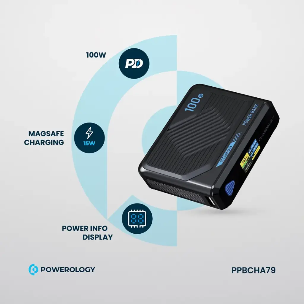 Powerology 100W MagSafe Wireless Charger Power Bank 20000mAh - Black {PPBCHA79}