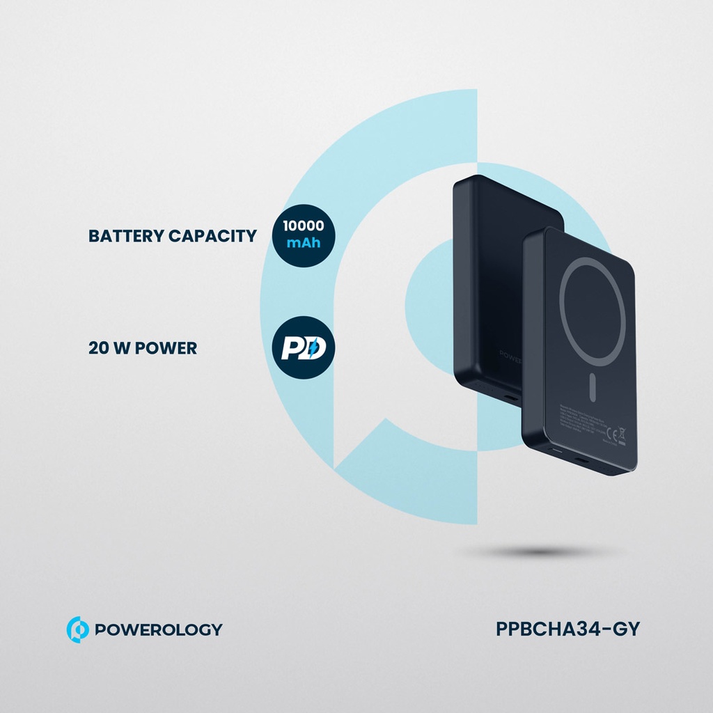 Powerology 10000 mAh 15W Magnetic Wirless PD20W Powerbank - Titanium {PPBCHA36-TI}
