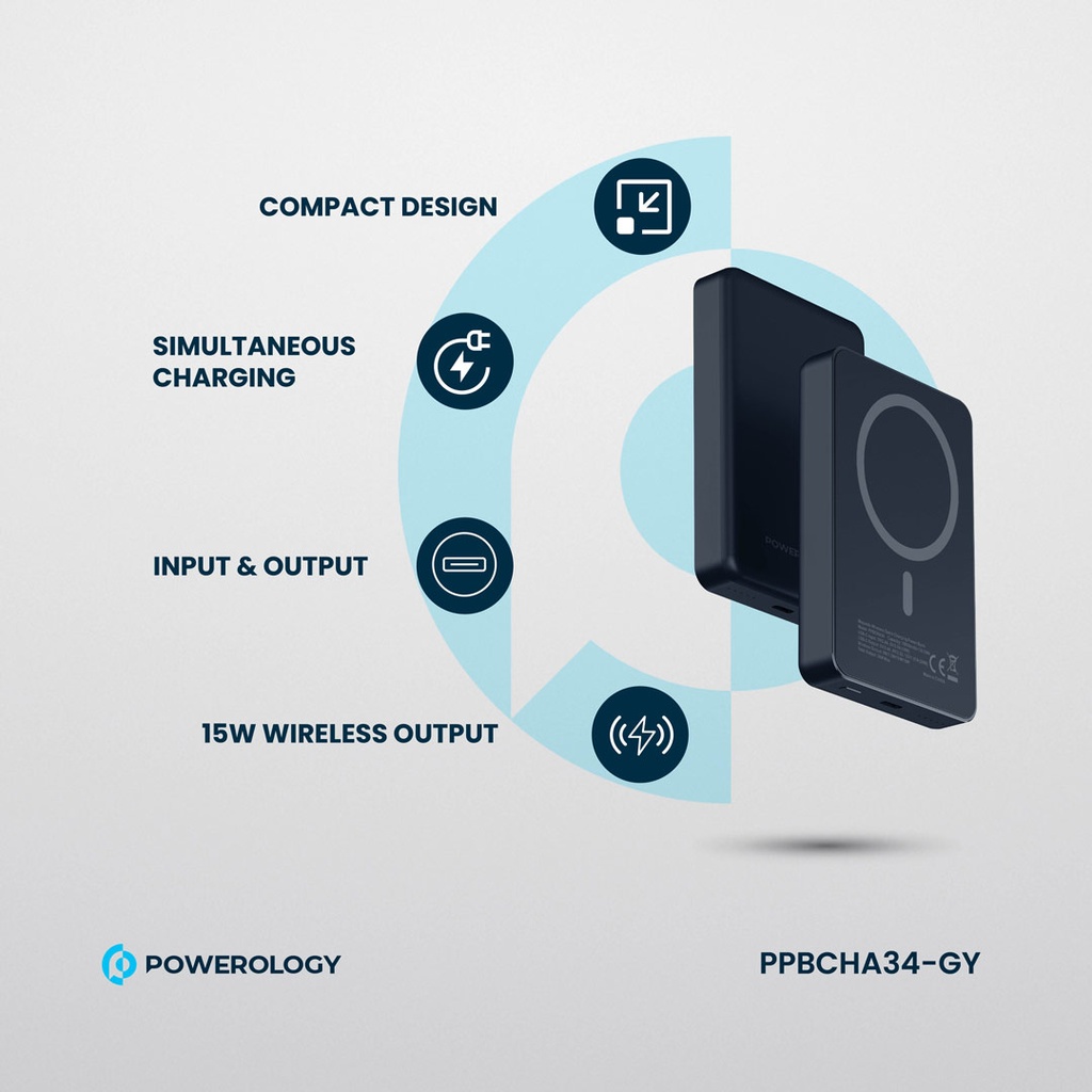 Powerology 10000 mAh 15W Magnetic Wirless PD20W Powerbank - Titanium {PPBCHA36-TI}