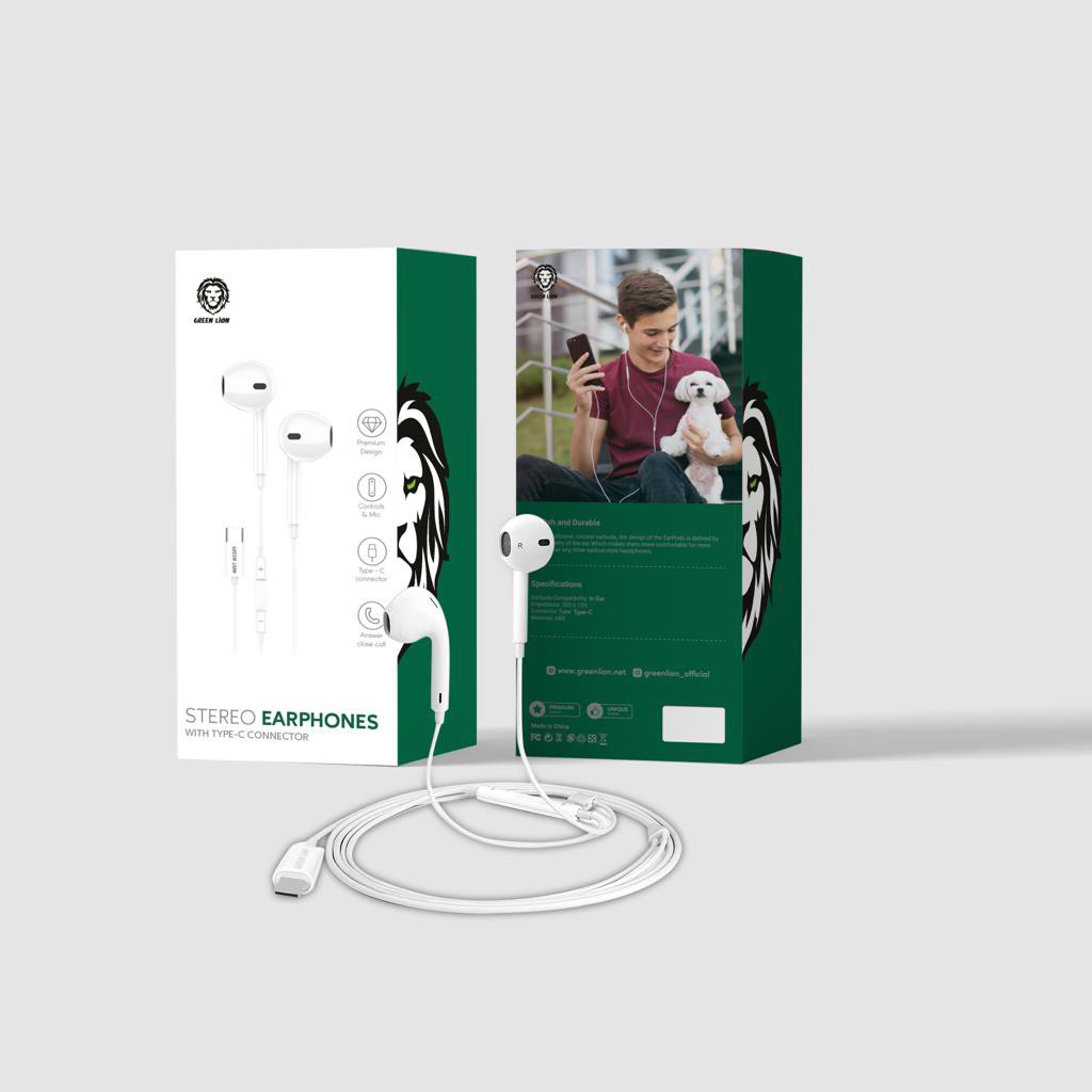 Green Lion Wired Stereo Earphones with Type-C Connector - White