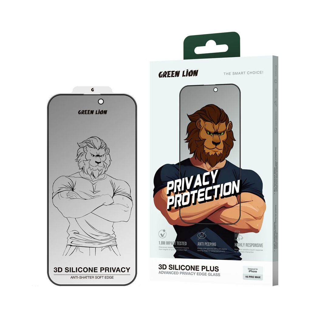 Green Lion 3D Silicone Plus Advanced Privacy Edge Glass for iPhone 16 Pro - Black