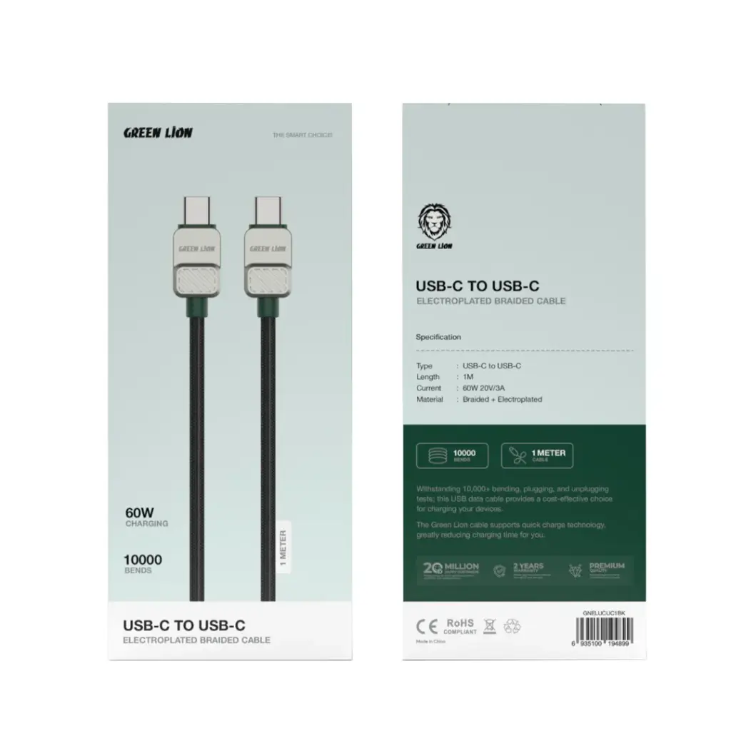 Green Lion USB C to USB C Electroplated Braided Cable 1m 60W - Black+Green