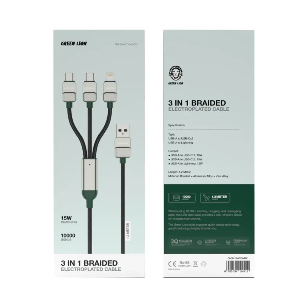 Lion 3-in-1 Braided Electroplated Cable USB A to C + C + L 1.2m - Black+Green