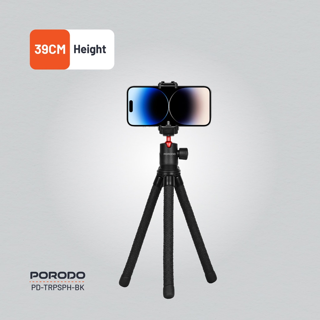 Porodo Flexible Foldable and Extendable Tripod Stand - Black