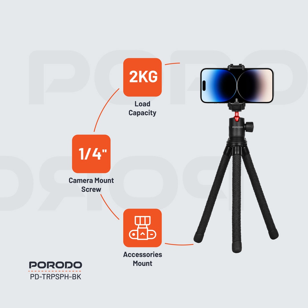 Porodo Flexible Foldable and Extendable Tripod Stand - Black
