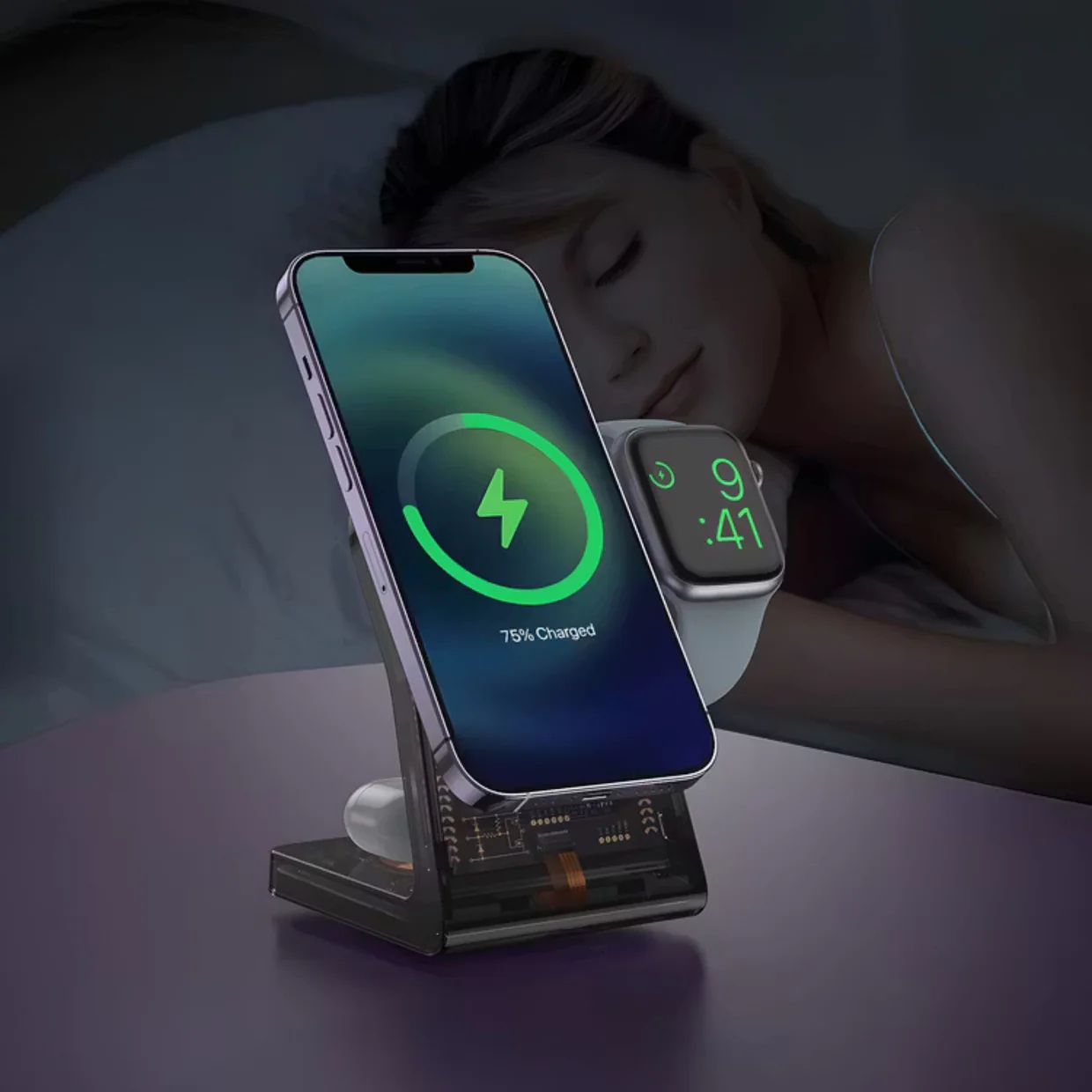 Porodo 15W All-in-One Transparent Glass Lenses Multifunctional Magnetic Wireless Charging Station with USB-C Watch Charger - Black