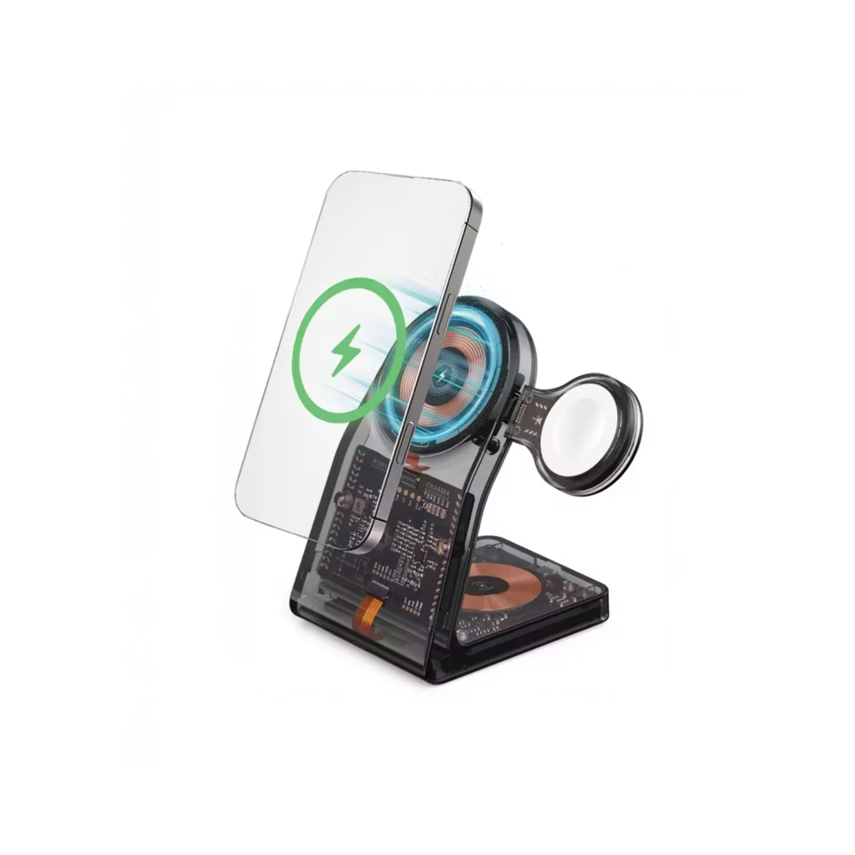 Porodo 15W All-in-One Transparent Glass Lenses Multifunctional Magnetic Wireless Charging Station with USB-C Watch Charger - Black