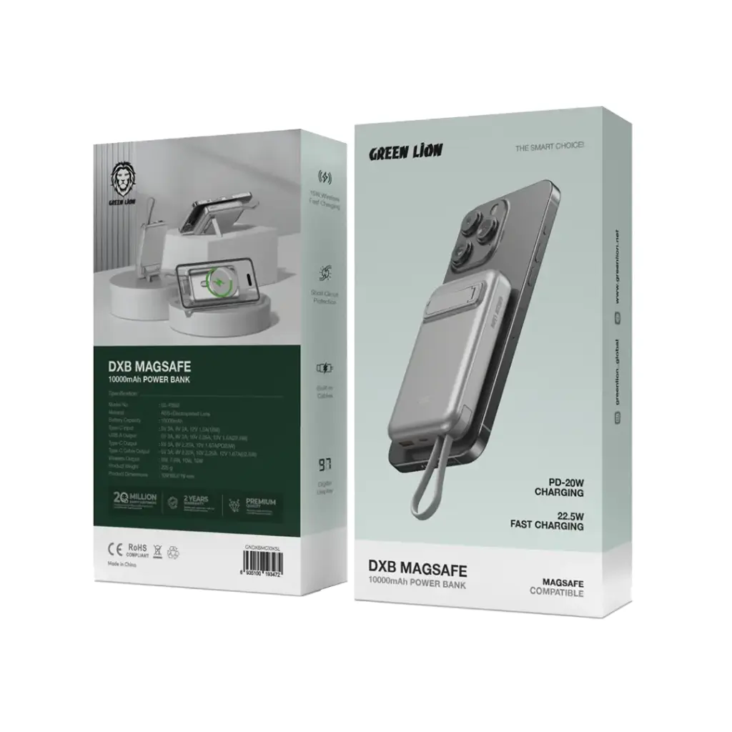 Green Lion DXB MAGSAFE Power Bank 10000 mAh - Silver with stand