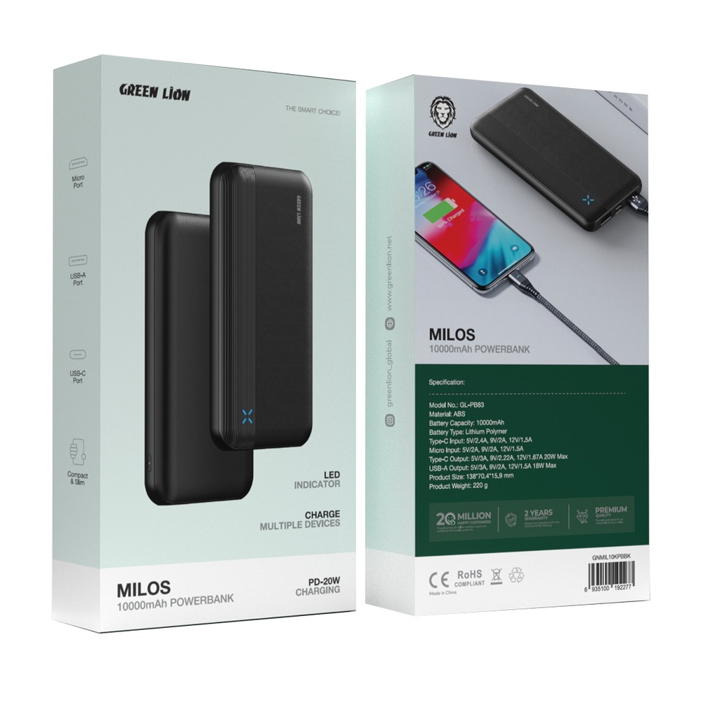 Green Lion Milos 10000mAh Powerbank PD20W - Black